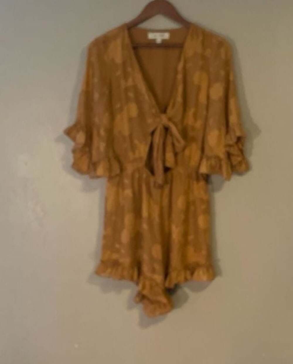 Oak & Trellis Mustard Floral Tie-Front Ruffle Hem Romper
